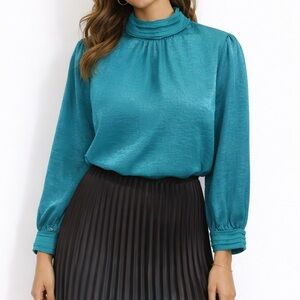 Esqualo Teal Satin Long Sleeved blouse with a high neckline